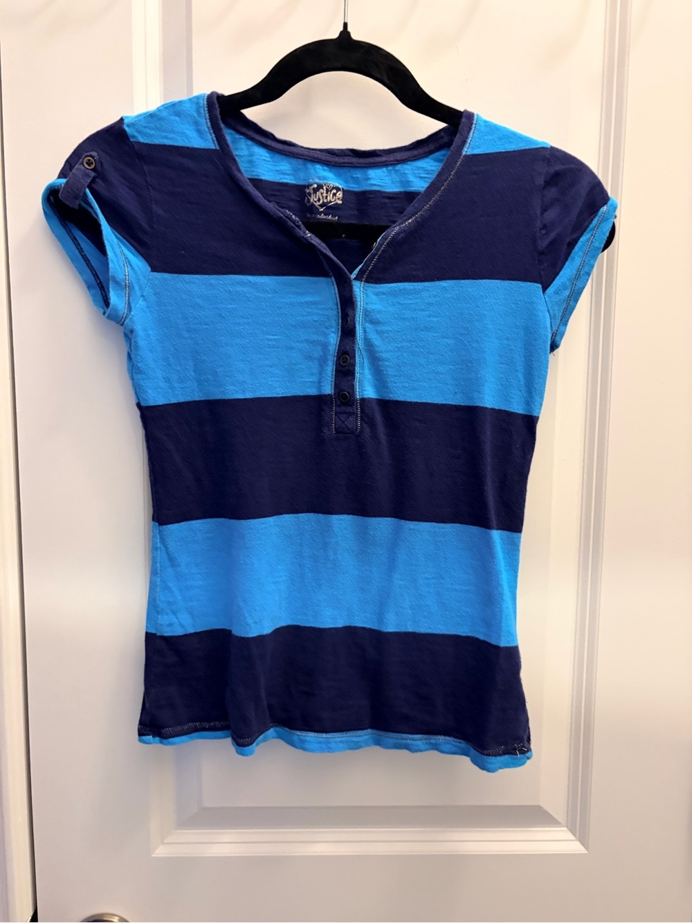 Justice Girls Size 12 Blue & Navy Striped Henley Short Sleeve Top